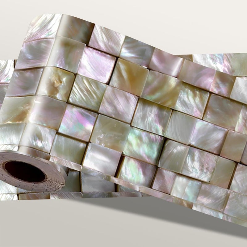 IOHEFY Pearl Mosaic Wallpaper Border 196x4 Inch Iridescent Tile Look Peel and Stick Wall Border Removable Vinyl Decorative Trim for Bathroom Kitchen Countertop Backsplash Decor - Image 1